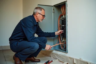 Électricien professionnel inspectant un tableau électrique vétuste lors d'une rénovation résidentielle