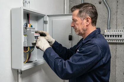 Électricien installant un contacteur jour nuit dans un tableau électrique résidentiel