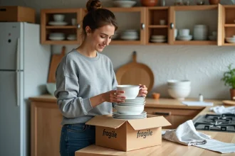 Femme emballant de la vaisselle fragile dans des cartons lors d'un déménagement