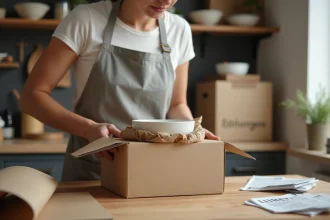 Femme emballant un bol en céramique avec du papier kraft froissé dans une boîte carton pour expédition sans papier bulle