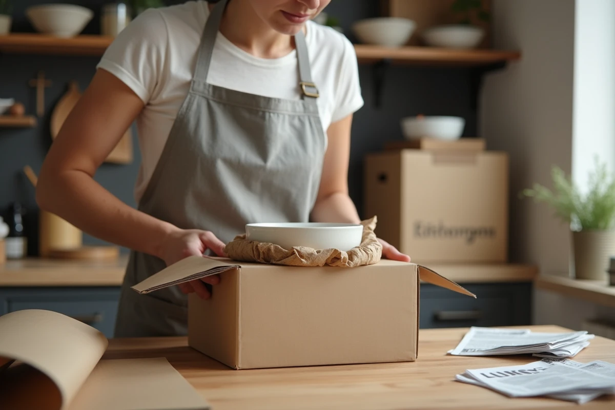 Femme emballant un bol en céramique avec du papier kraft froissé dans une boîte carton pour expédition sans papier bulle