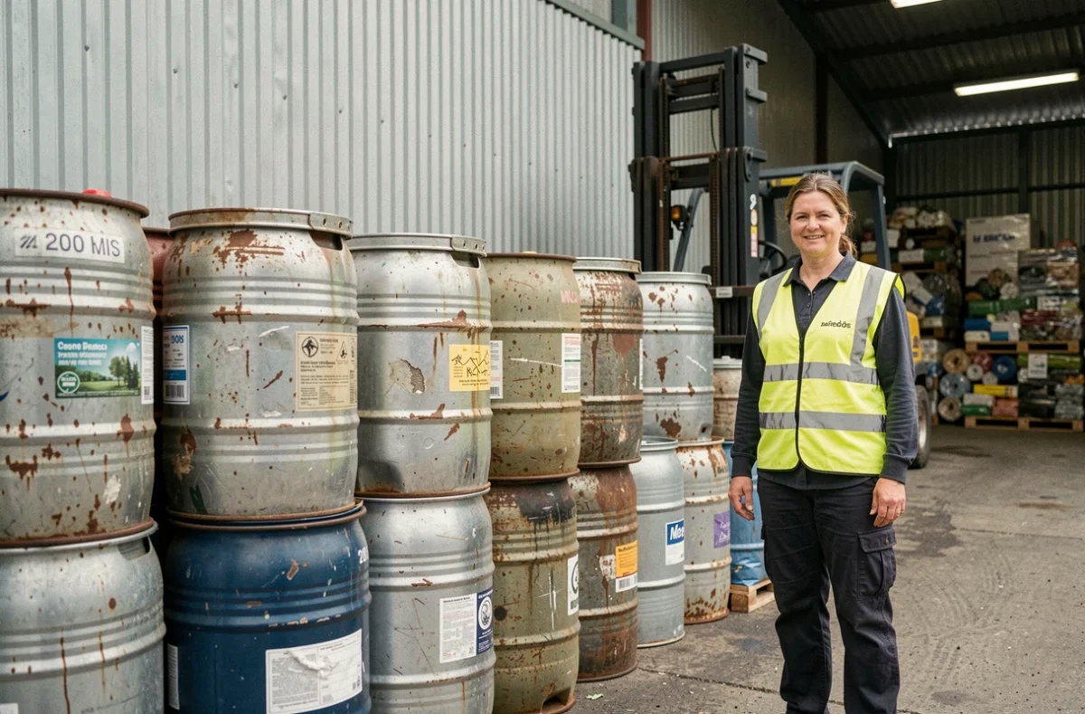 Employée de déchetterie debout devant une rangée de fûts industriels de 200 litres empilés
