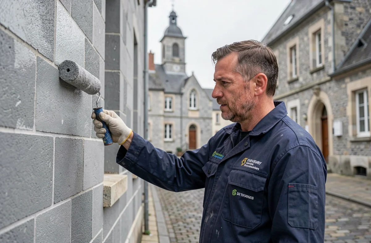 Façadier spécialisé de l'Entreprise Façade Beuvry appliquant un enduit texturé à Beuvry dans le Pas-de-Calais