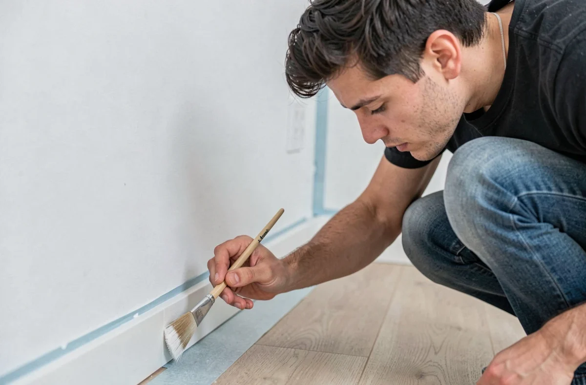 Jeune peintre d'Enzo Peinture réalisant un travail de finition précis dans un appartement moderne à Clamart