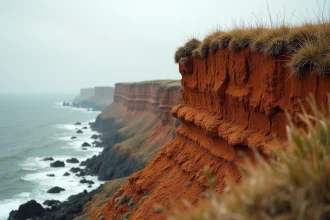 Falaise côtière fortement érodée avec des strates de sédiments visibles et de la végétation clairsemée, illustrant les effets de l'érosion des sols