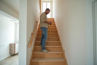 Escalier droit en bois brut économique dans une maison française avec un homme qui mesure les marches lors d'une rénovation