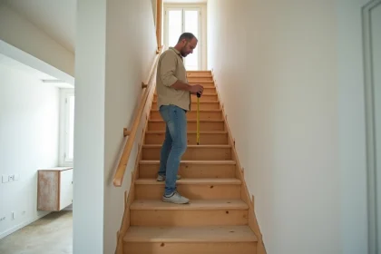 Escalier droit en bois brut économique dans une maison française avec un homme qui mesure les marches lors d'une rénovation