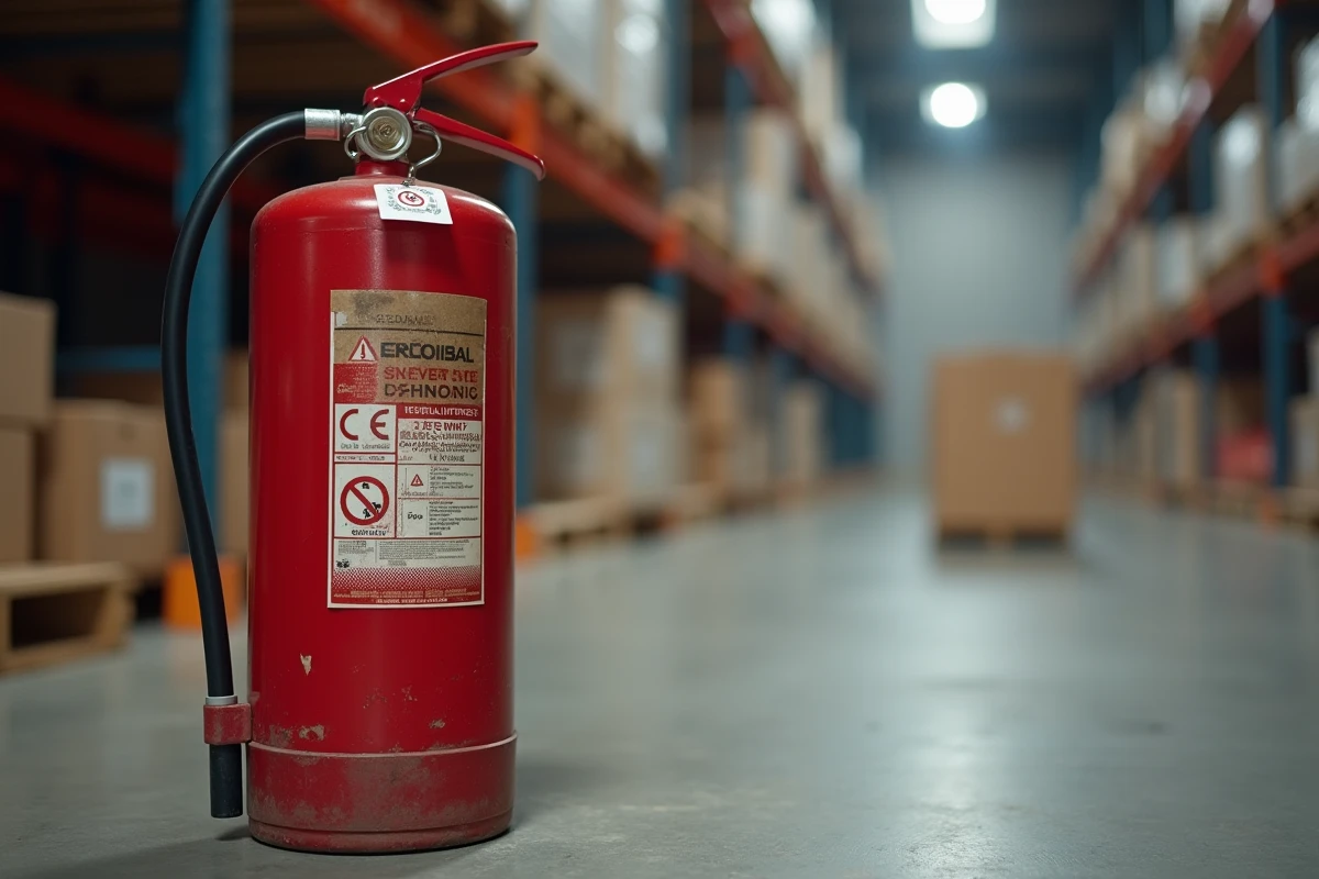 Gros plan sur l'étiquette de contrôle et la date d'expiration d'un extincteur rouge posé sur un sol en béton