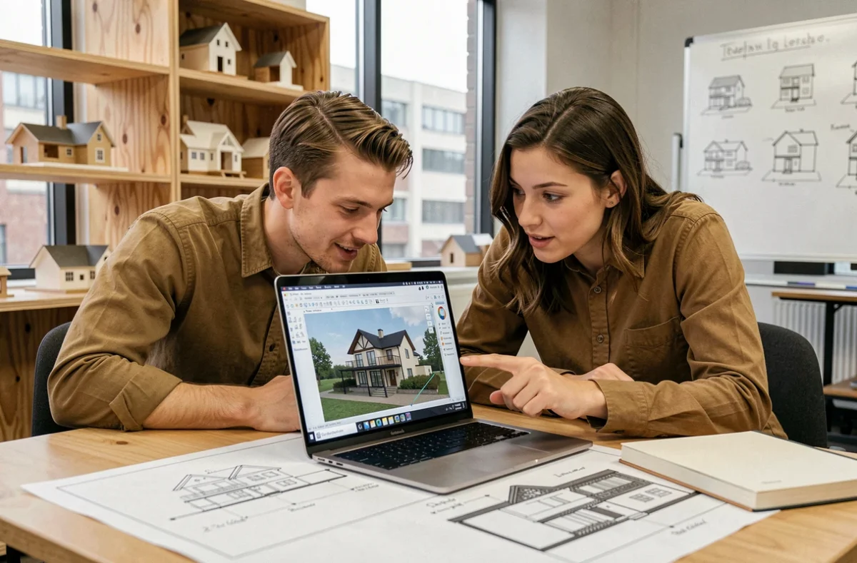 Deux étudiants en architecture collaborant sur un logiciel 3D gratuit pour débutants dans un studio universitaire de design