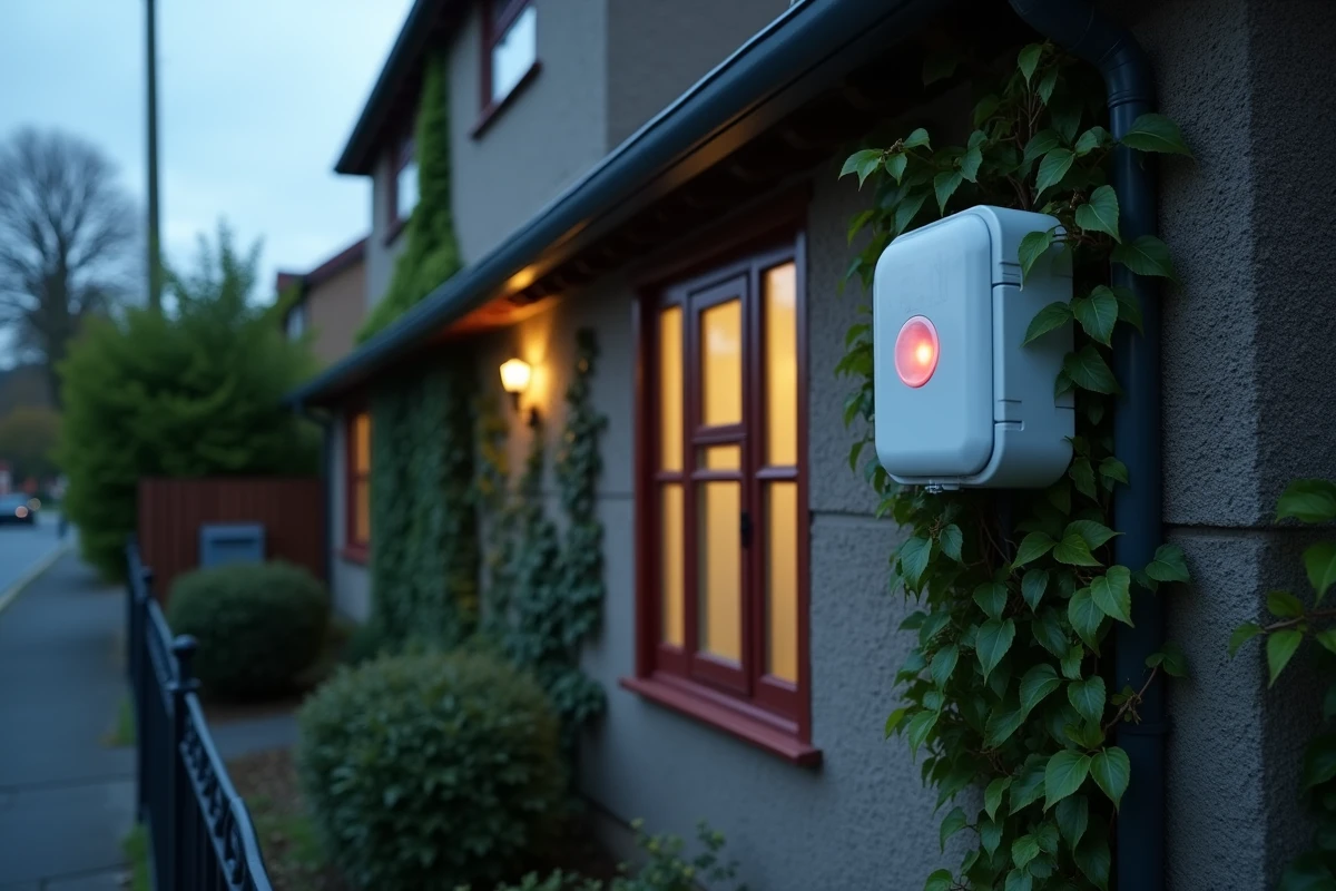 Façade d'une maison résidentielle avec boîtier d'alarme Verisure et caméra de surveillance installés en extérieur