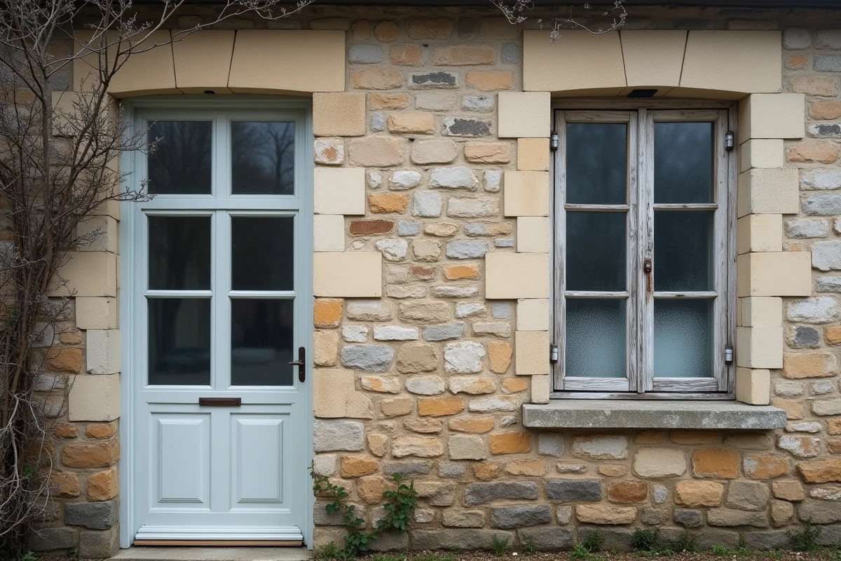 Façade d'une maison en pierre avec une fenêtre rénovée à double vitrage uPVC et une ancienne fenêtre en bois simple vitrage givrée en hiver