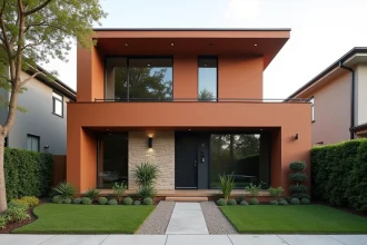 Façade de maison moderne repeinte en terracotta chaleureux en remplacement du gris, avec encadrements noirs et jardin soigné