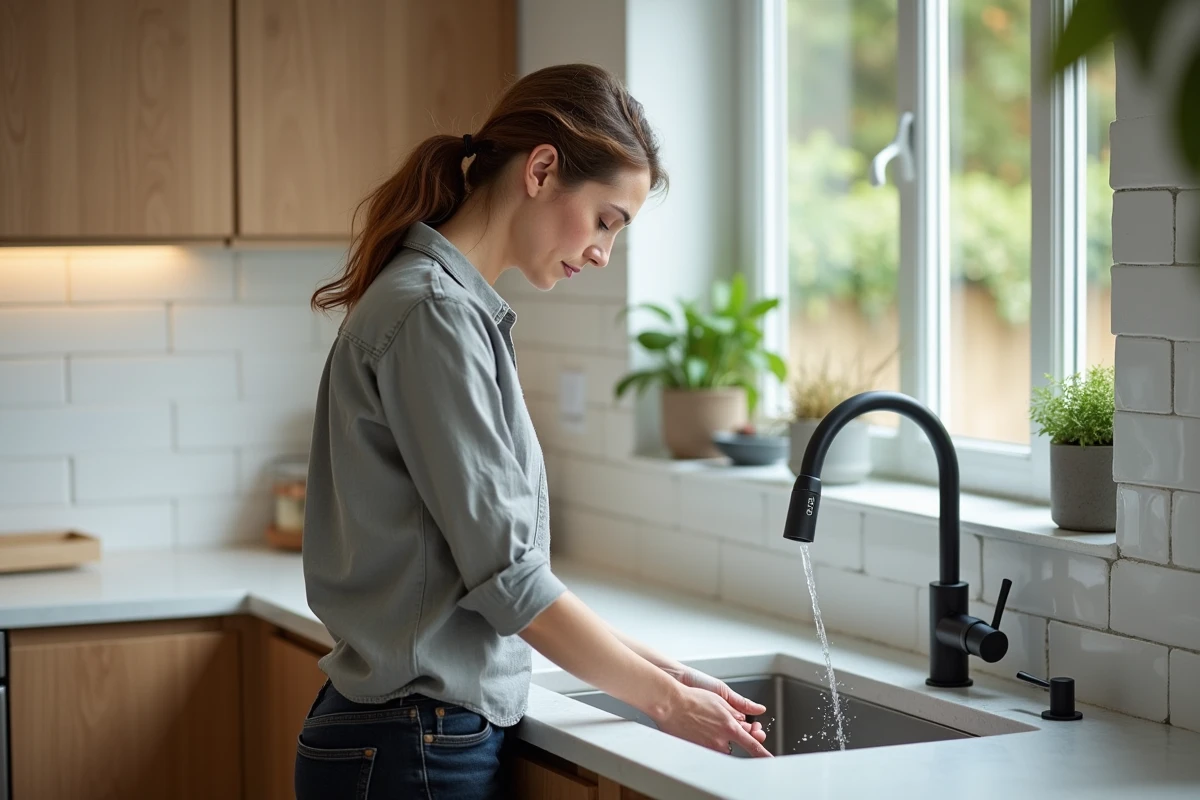 Femme testant la faible pression d'eau chaude au robinet de cuisine