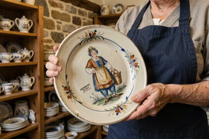 Mains tenant une faïence Henriot Quimper authentique avec décor breton peint à la main, dans une boutique d'antiquités