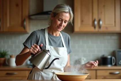Femme versant de l'eau bouillante dans un bol en céramique avec de la vapeur d'eau visible s'élevant dans une cuisine moderne