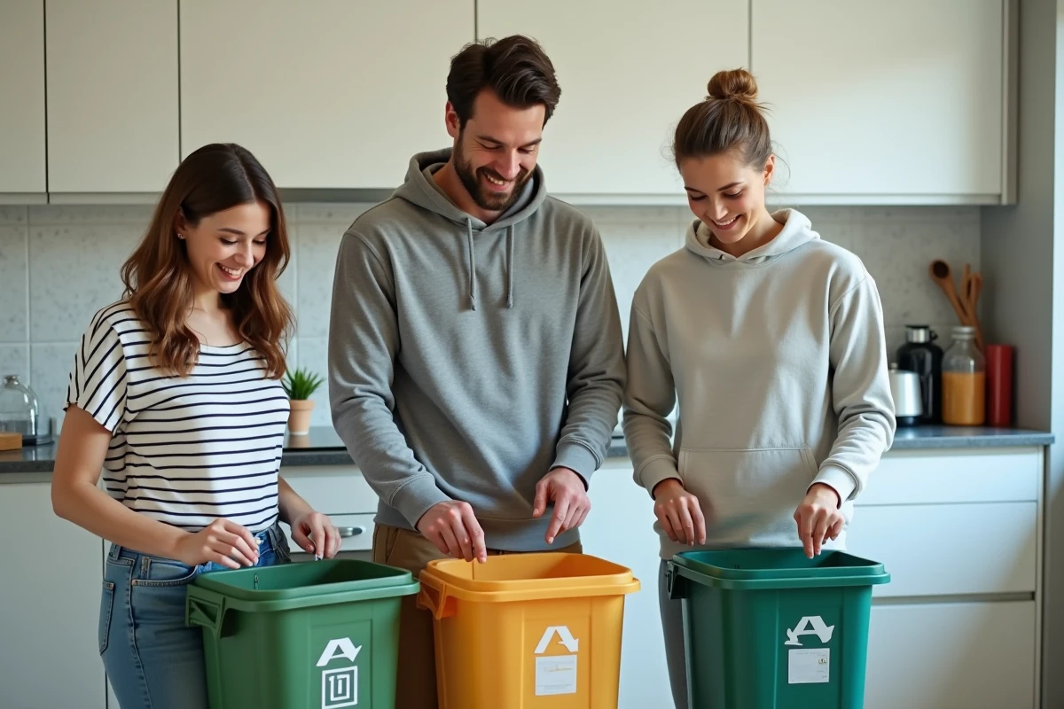Famille triant des déchets recyclables dans une cuisine moderne pour réduire leur impact environnemental et énergétique