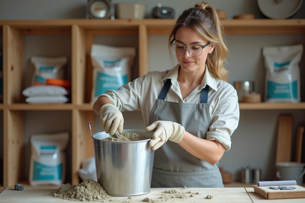 Femme ajoutant un additif anti-fissures en poudre dans un mélange de ciment dans un atelier de bricolage