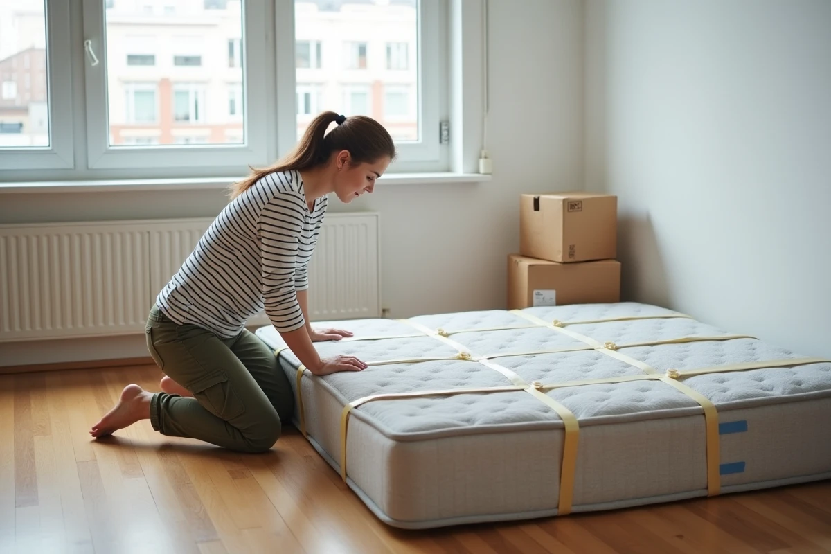Femme en train d'attacher un matelas roulé avec une sangle de déménagement dans un appartement vide
