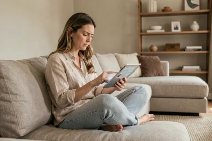 Femme consultant des avis clients sur une tablette assise dans un salon meublé avec des meubles modulables style Casa Corner