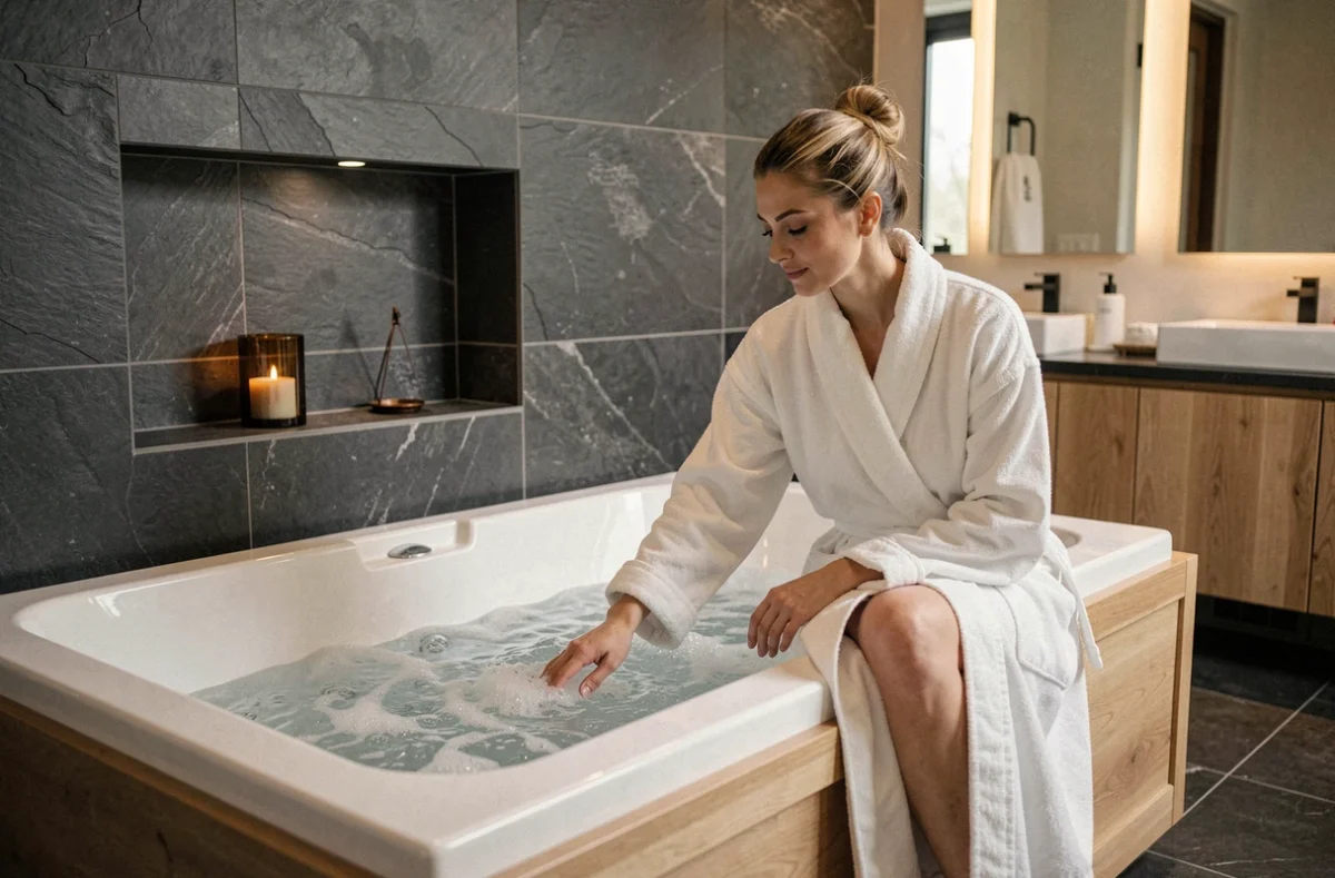 Femme en robe de bain assise sur le bord d'une baignoire balnéo rectangulaire dans une salle de bain contemporaine en ardoise