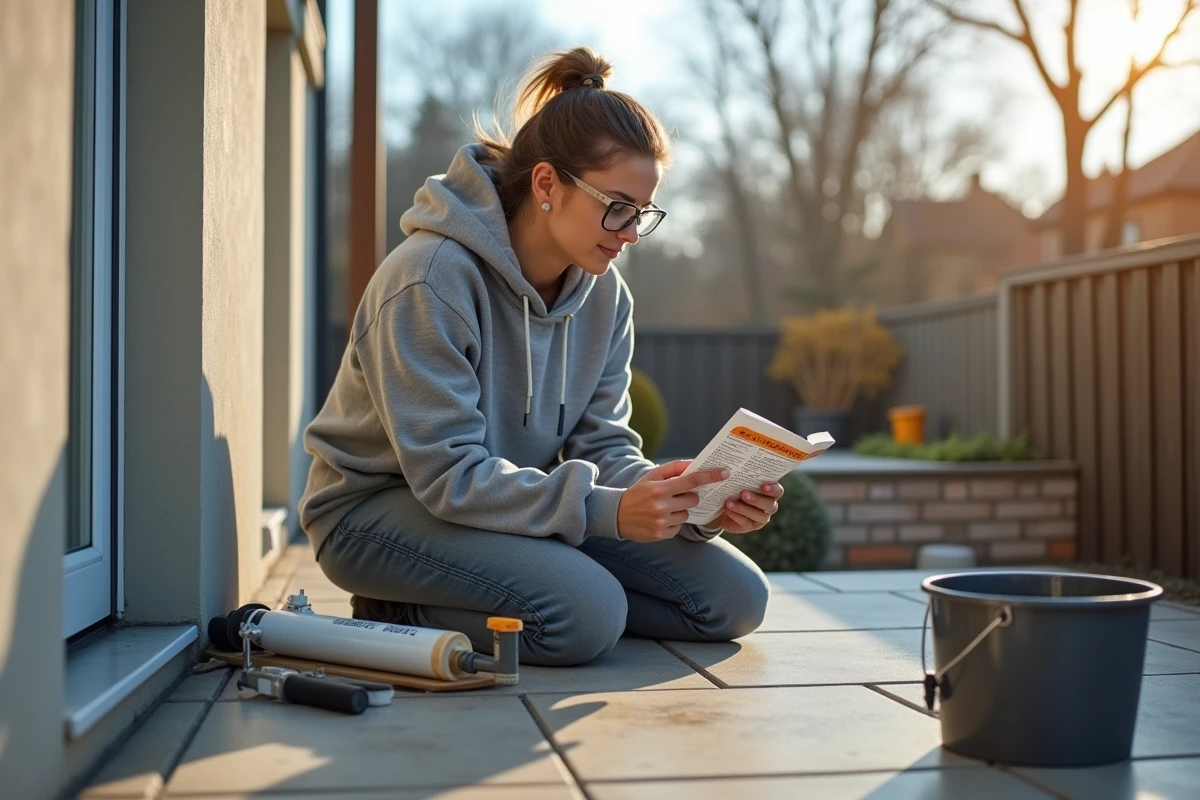 Femme bricoleur lisant les instructions d'un ciment chimique de scellement avant travaux sur une terrasse extérieure en hiver
