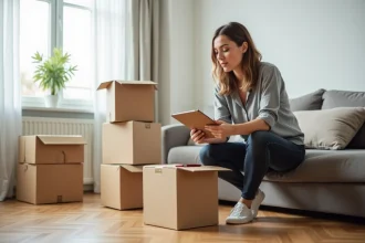 Femme préparant ses cartons de déménagement dans un appartement vide, consultant une liste de vérification