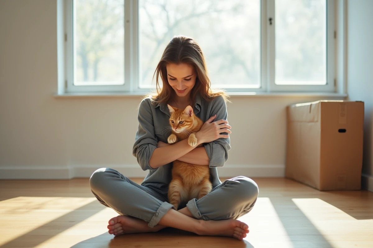 Femme réconfortant un chat anxieux dans un nouvel appartement vide après déménagement