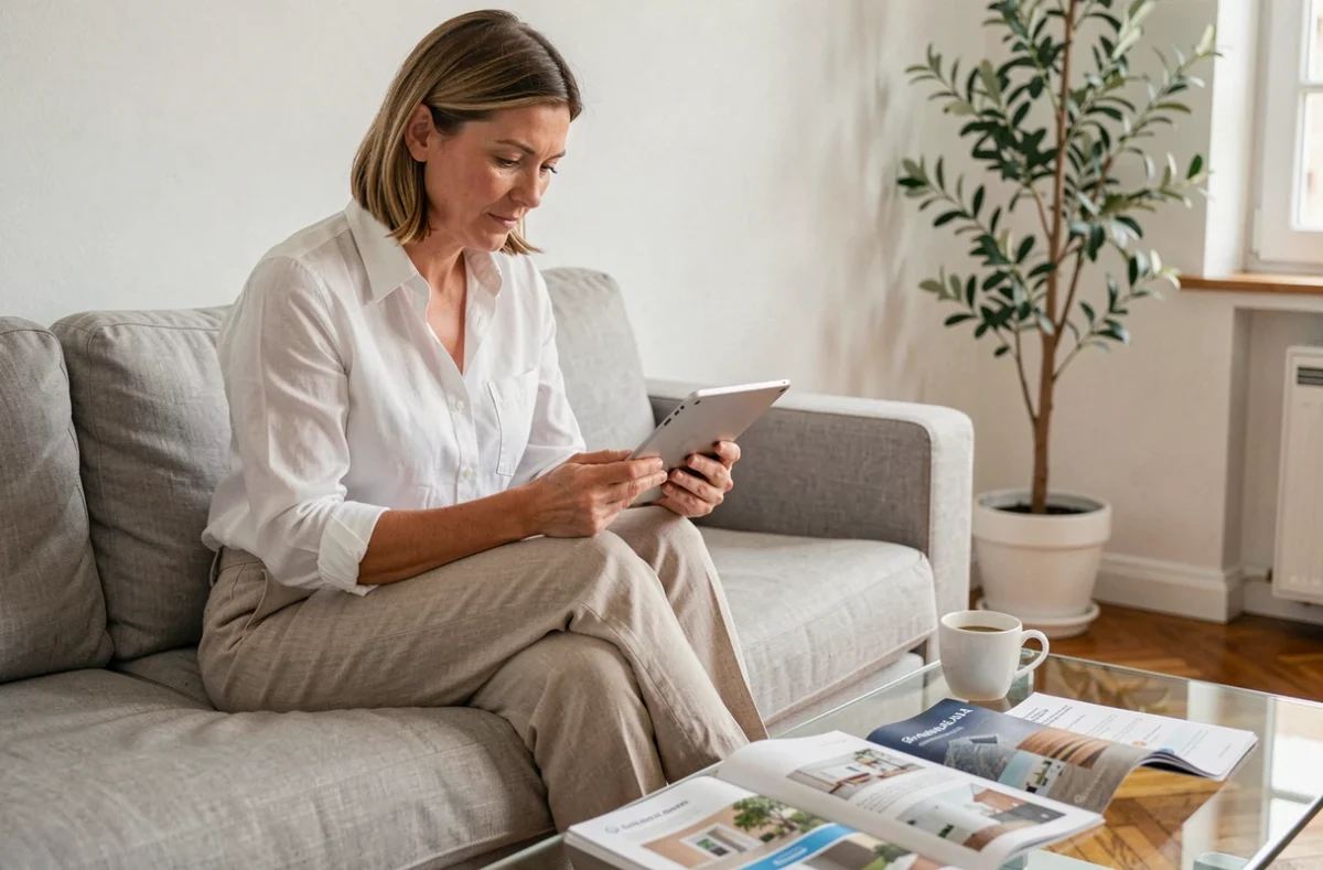 Femme consultant une plateforme de mise en relation avec des artisans comme travauxdepro.com sur une tablette dans son salon