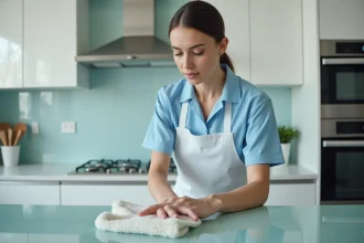 Femme de ménage professionnelle nettoyant un plan de travail en cuisine avec soin et minutie