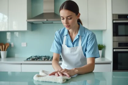 Femme de ménage professionnelle nettoyant un plan de travail en cuisine avec soin et minutie