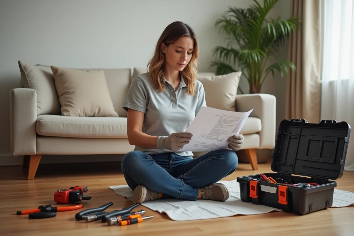 Femme électricienne consultant un schéma de câblage avant le branchement d'un bouton poussoir Legrand avec ses outils électriques