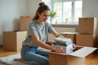 Femme emballant ses affaires dans un carton de déménagement de taille standard dans un salon