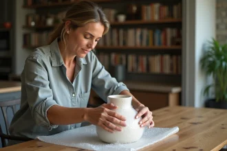 Femme emballant un vase avec du papier bulle récupéré gratuitement dans un appartement chaleureux