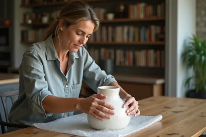 Femme emballant un vase avec du papier bulle récupéré gratuitement dans un appartement chaleureux