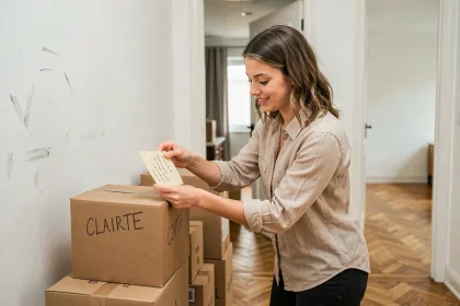 Jeune femme emménageant dans un appartement, entourée de cartons étiquetés dans un couloir lumineux