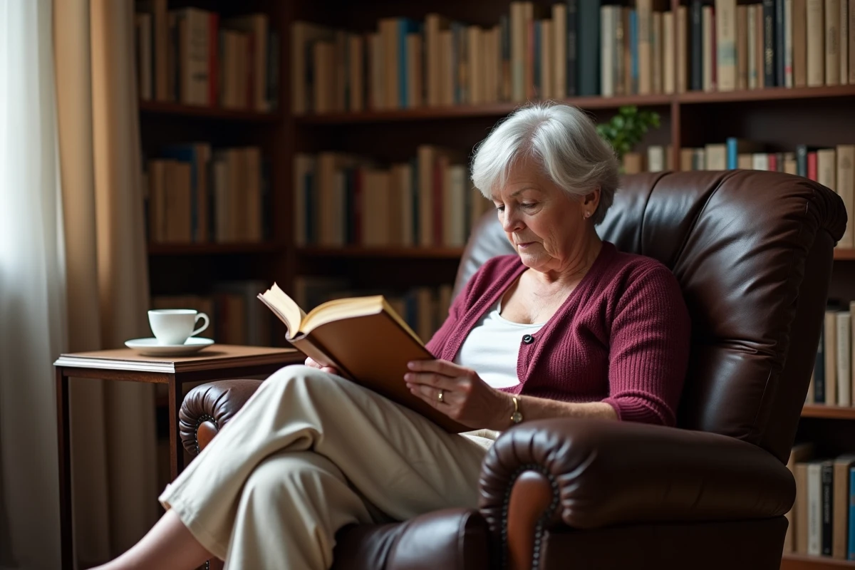 Femme âgée lisant un livre dans un fauteuil relax en cuir marron dans une bibliothèque à domicile