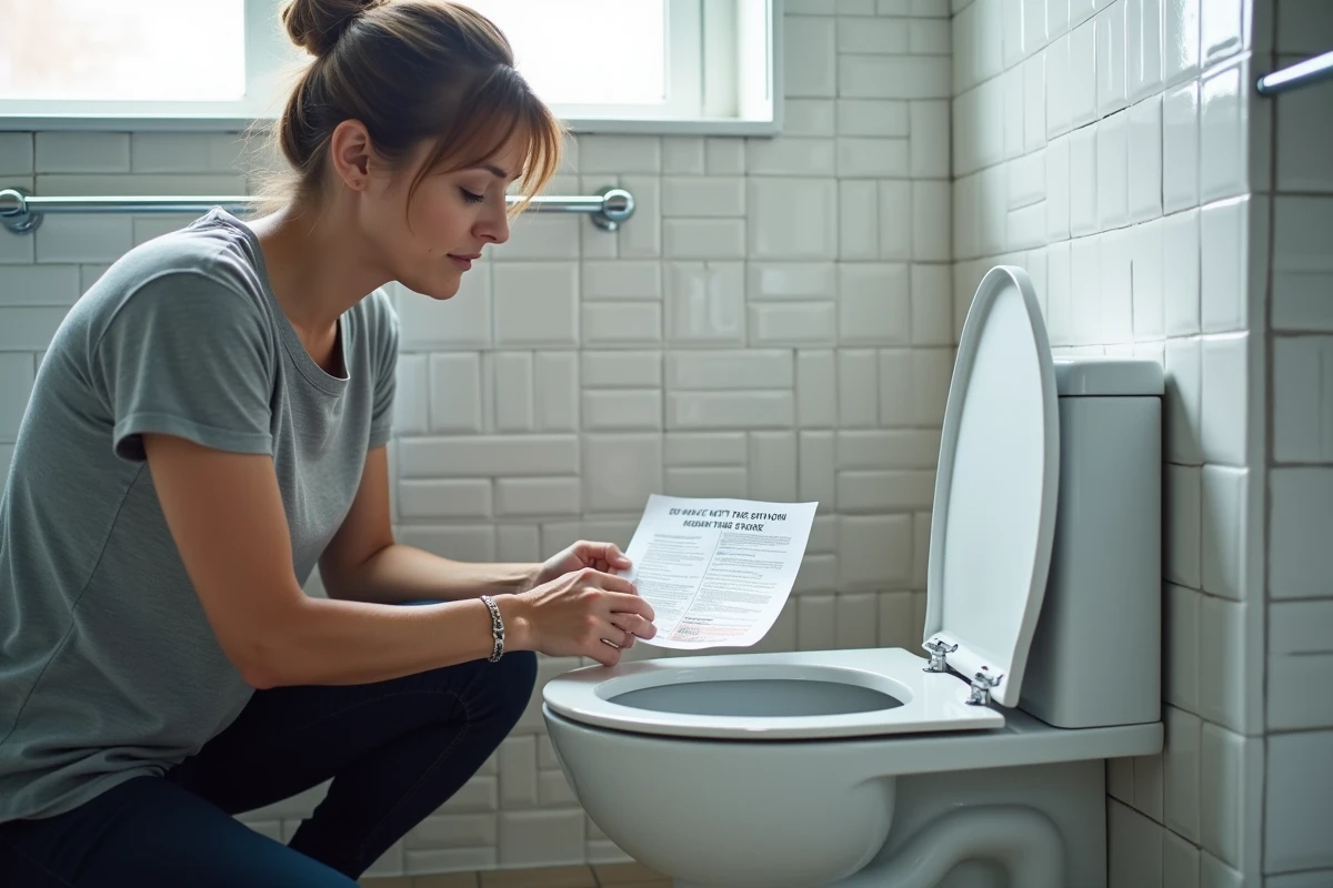 Femme mesurant un siphon Dudley dans un réservoir de WC en suivant une notice technique