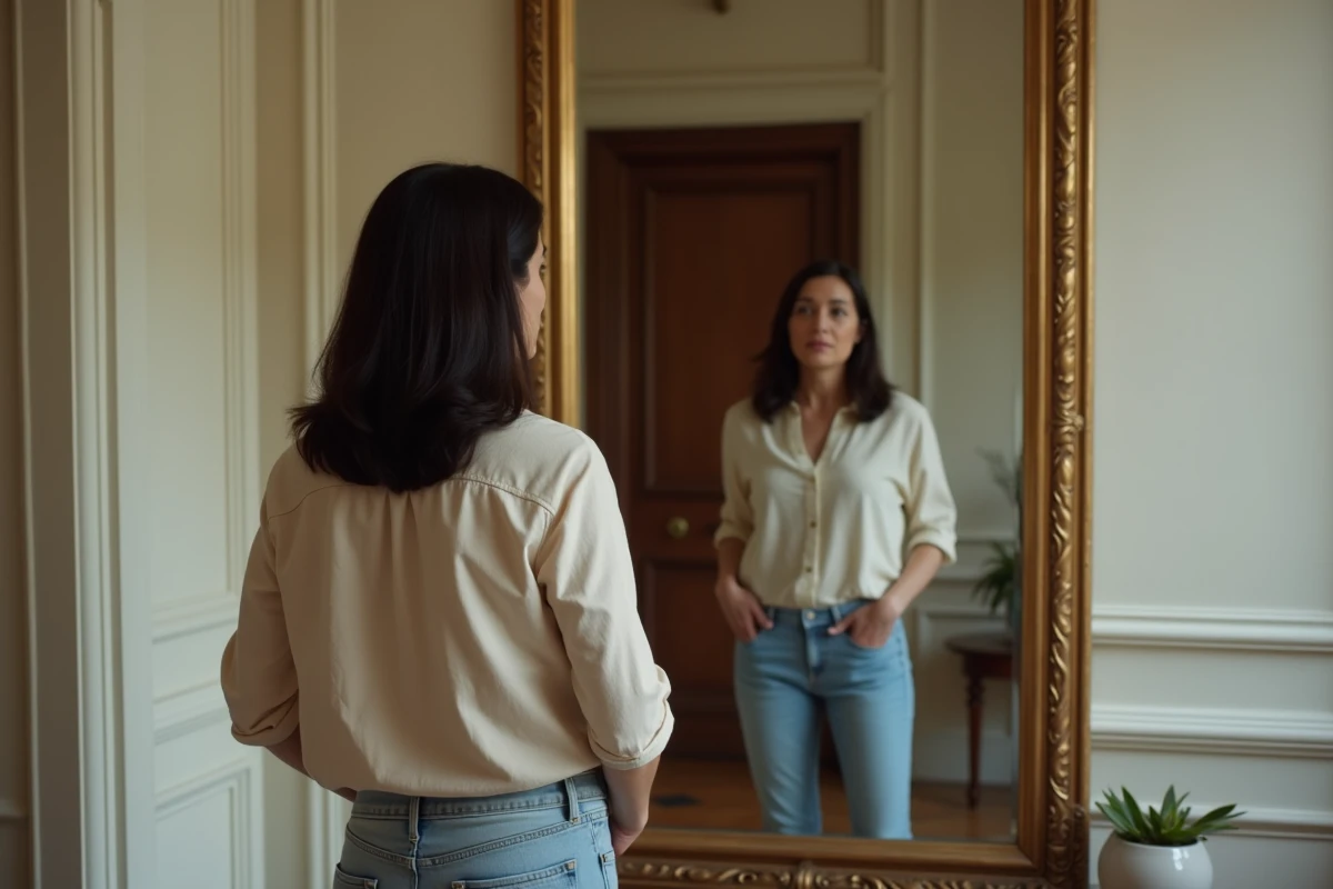 Femme contemplative devant un miroir ancien face à une porte en bois dans un couloir de style haussmannien, superstition du miroir