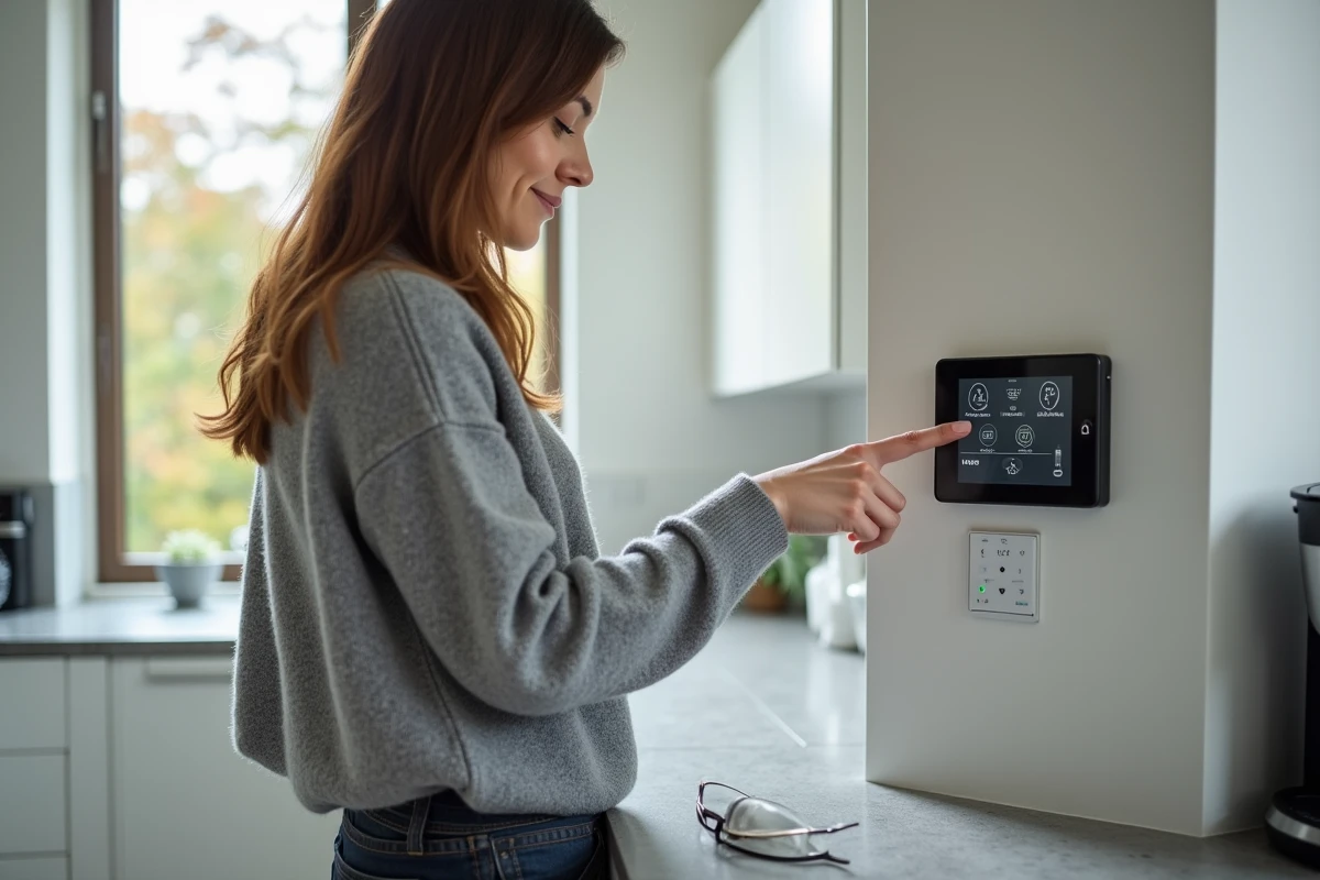 Femme consultant un panneau de télésurveillance connecté installé dans une cuisine moderne