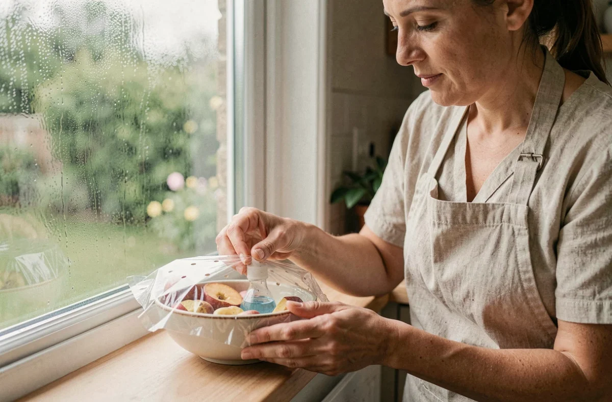 Femme préparant un piège naturel contre les moucherons avec un bol recouvert de film plastique perforé posé sur le rebord d'une fenêtre de cuisine