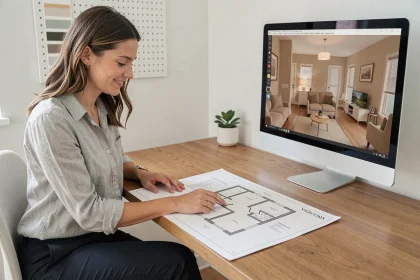 Femme architect consultant un plan architectural sur un bureau en bois avec un rendu 3D sur écran en arrière-plan, projet de home design IA
