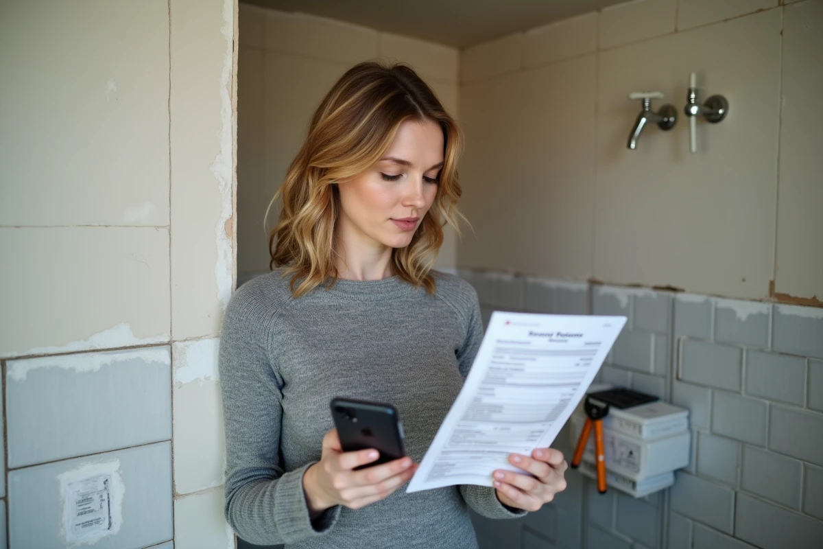 Une femme consulte une application fiscale dans une salle de bain en rénovation pour déclarer ses travaux et bénéficier d'un crédit d'impôt