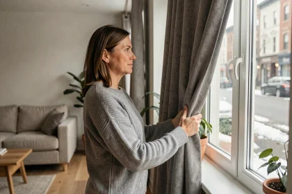 Femme ajustant un rideau thermique épais devant une fenêtre dans un salon scandinave moderne en hiver