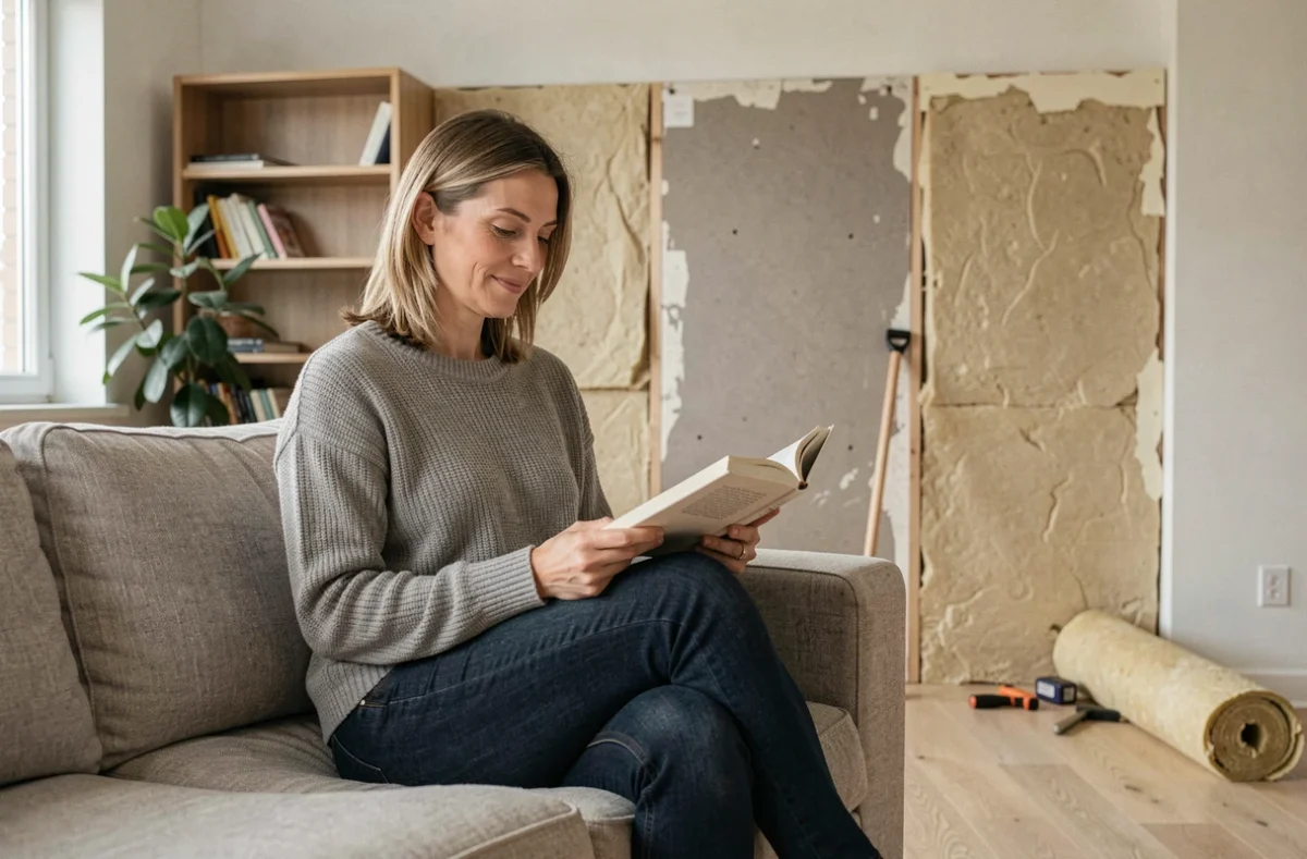 Femme lisant dans un salon rénové avec isolation thermique et acoustique sous plaque de plâtre, atmosphère calme et confortable