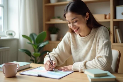 Femme écrivant dans un semainier imprimé posé sur un bureau en bois avec des accessoires de papeterie pastel