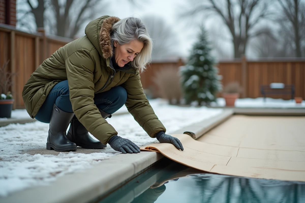 Femme inspectant les bords d'une couverture hivernale de piscine fixée avec des bouées d'eau par temps nuageux