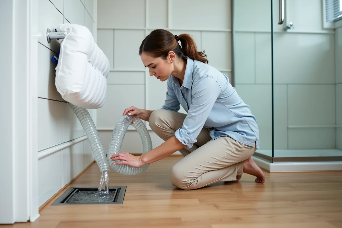 Femme guidant le tuyau de vidange d'un matelas de lit à eau vers un drain au sol dans une salle de bain