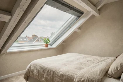 Fenêtre de toit intégrée dans une chambre mansardée moderne avec vue intérieure grand angle sur les poutres en bois et la literie en lin crème