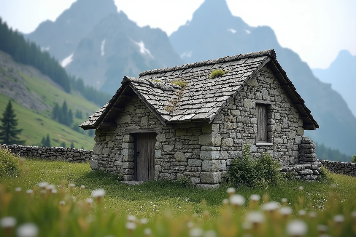 Ferme d'alpage en pierre sèche dans un pré alpin avec vue sur les crêtes rocheuses