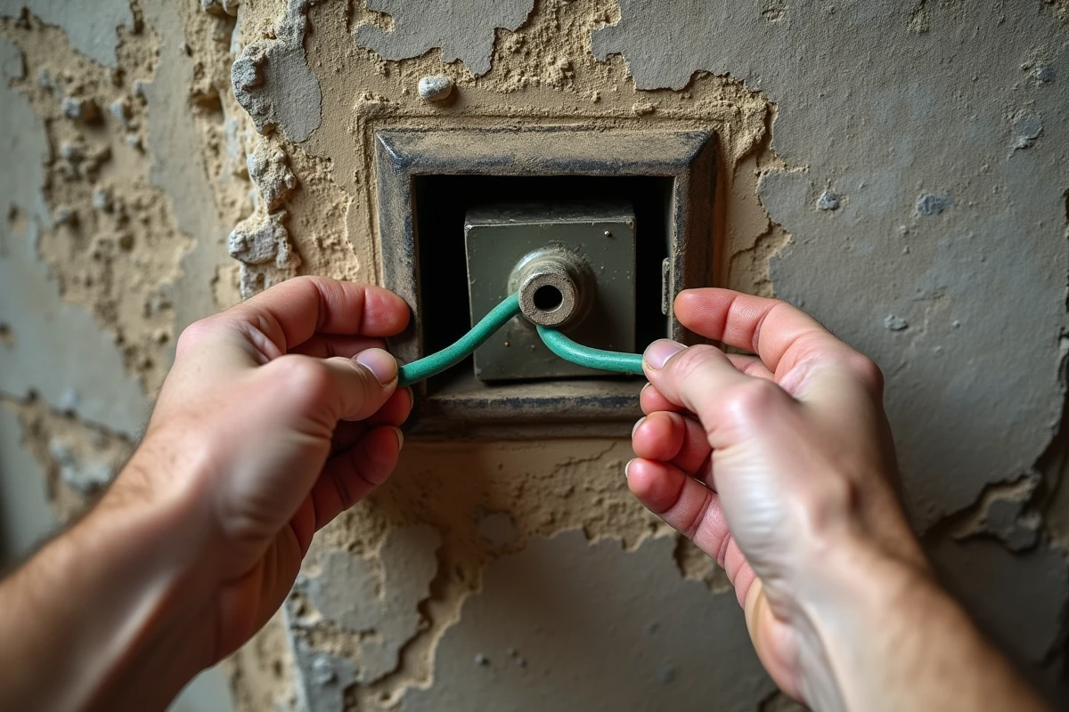 Mains d'électricien tenant un fil de terre vert-jaune près d'une prise électrique encastrée dans un mur en pierre d'une ancienne maison